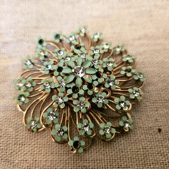 Vintage Embellished Gold & Turquoise Motion Flower Brooch | Size OS - Picture 6 of 9